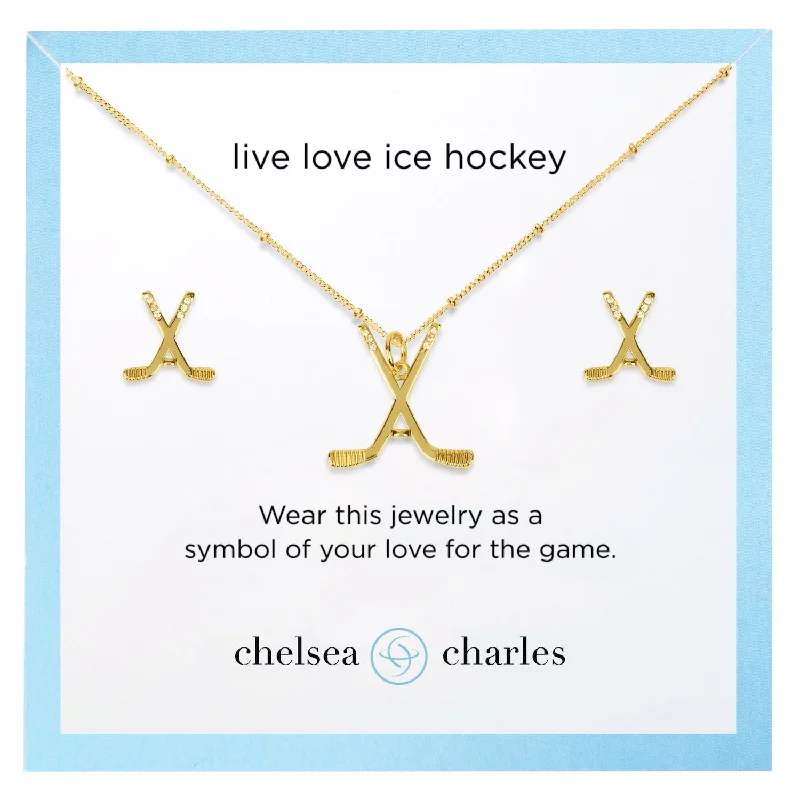 CC Sport Gold Ice Hockey Charm Necklace and Earrings Gift Set