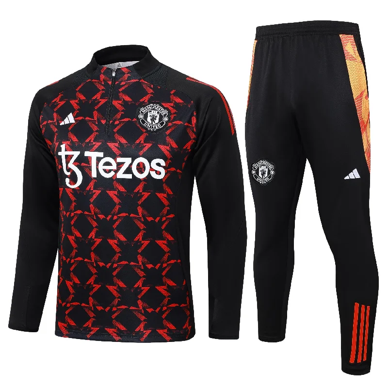 Manchester United 2024-25 Red and Black Pattern Half-Zip Training Tracksuit Set